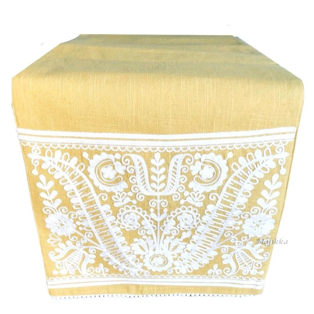 Nordic Folk Collection Embroidered Table Runner Yellow White 100% Cotton 72x14